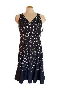 Nine West Navy and White V-Neck Polka Dot Midi Dress